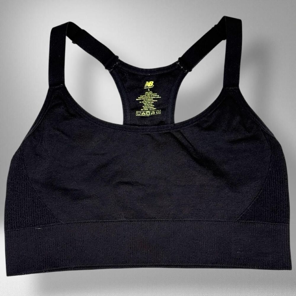 New Balance Black Racerback Sports Bra with Yellow Logo – Size L